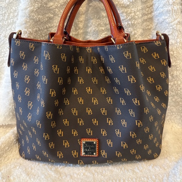 Dooney & Bourke Handbags - Dooney & Bourke DB Monogram Satchel Brown Leather Trim Red Interior
